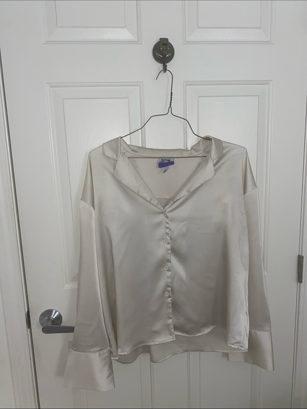 Cream Satin Button-Front Blouse